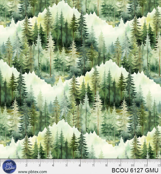 Green Multi Mountain Scenic Bigfoot Country BCOU-6127-GMU Cotton 44”/45” Fabric Per Yard