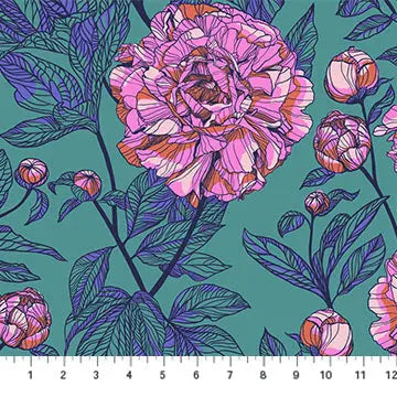Green Teal With Pink Rose Indelible by Anna Maria for Northcott Cotton Wideback Fabric per yard - Linda's Electric Quilters