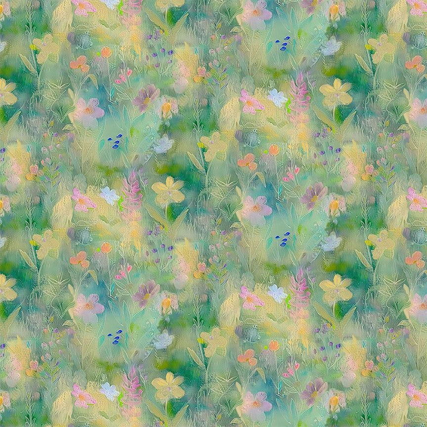 Green Wildflower Field Wild Beauty Cotton 44"/45" Fabric Per Yard