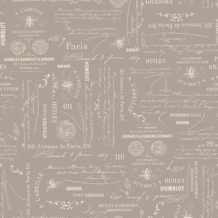 Grey Charcoal Bee Script Cotton Wideback Fabric per yard - Linda's Electric Quilters