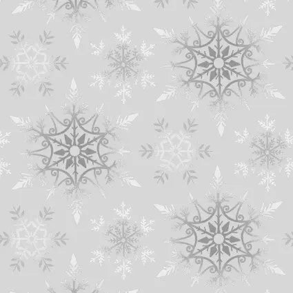 Grey Crystal Frost Snowflakes Cotton Wideback Fabric per yard - Linda's Electric Quilters