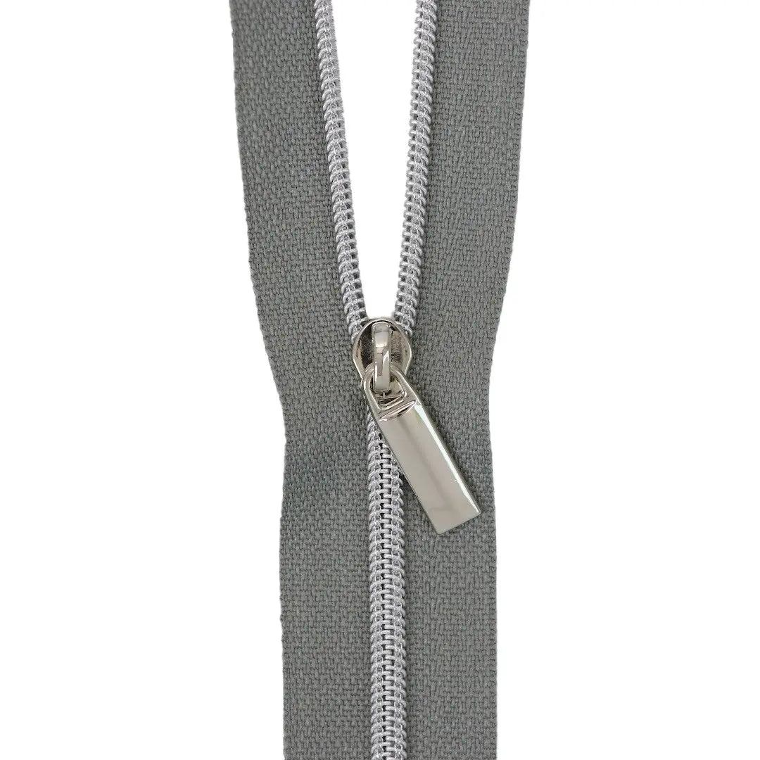 Grey #3 Nylon Nickel Coil Zippers: 3 Yards with 9 Pulls - Linda's Electric Quilters