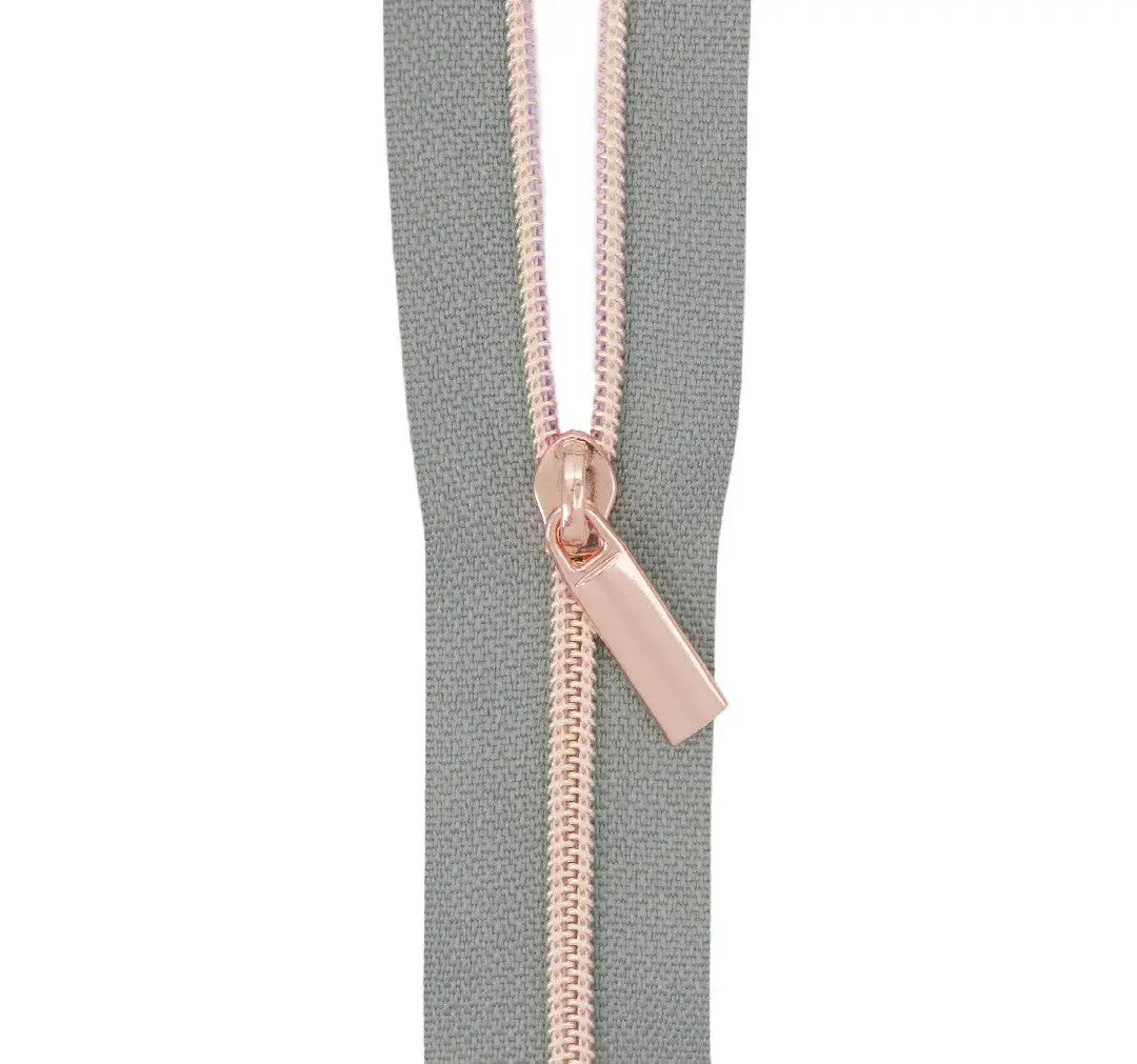 Grey #3 Nylon Rose Gold Coil Zippers: 3 Yards with 9 Pulls - Linda's Electric Quilters