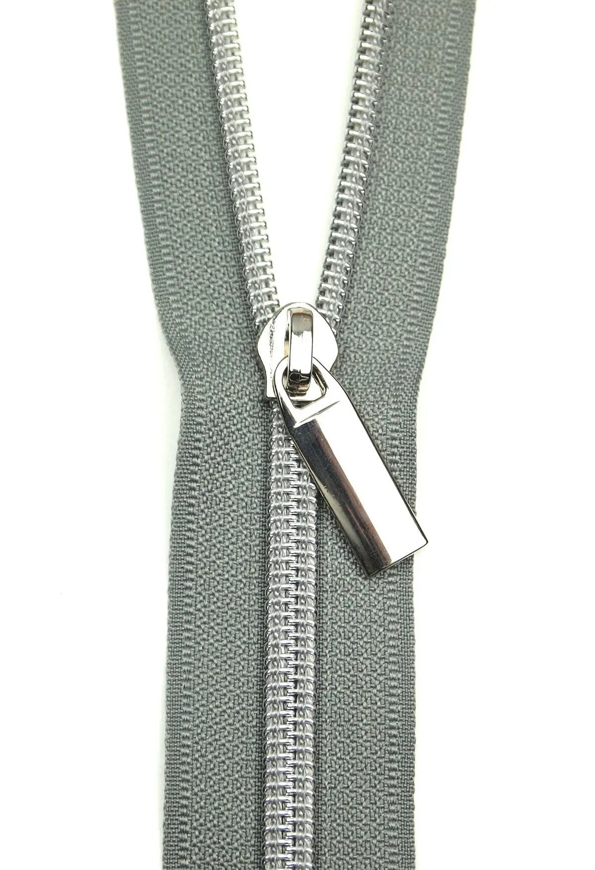 Grey #5 Nylon Nickel Coil Zippers: 3 Yards with 9 Pulls - Linda's Electric Quilters
