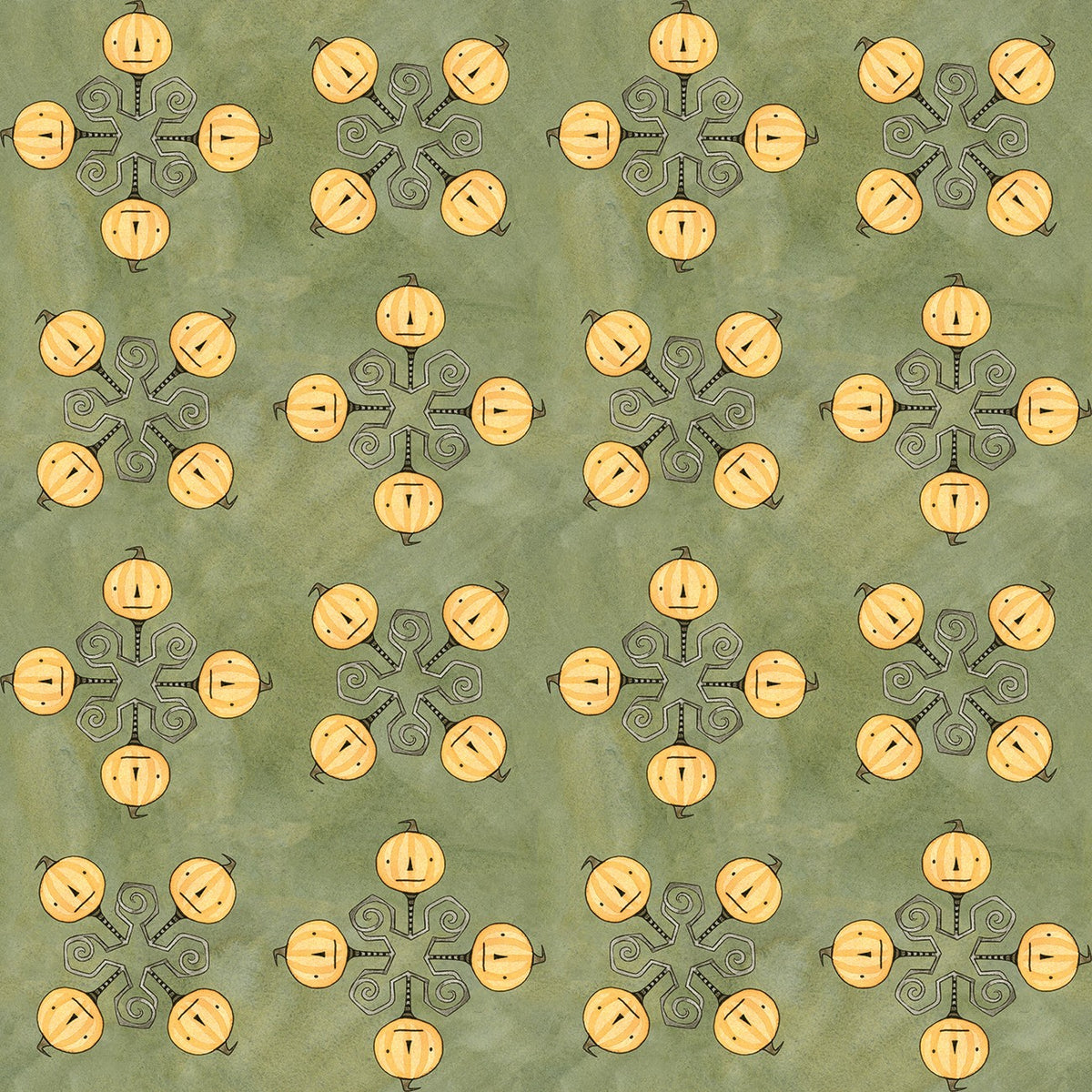 Spooky Pumpkins Green 45' wide fabric per yard
