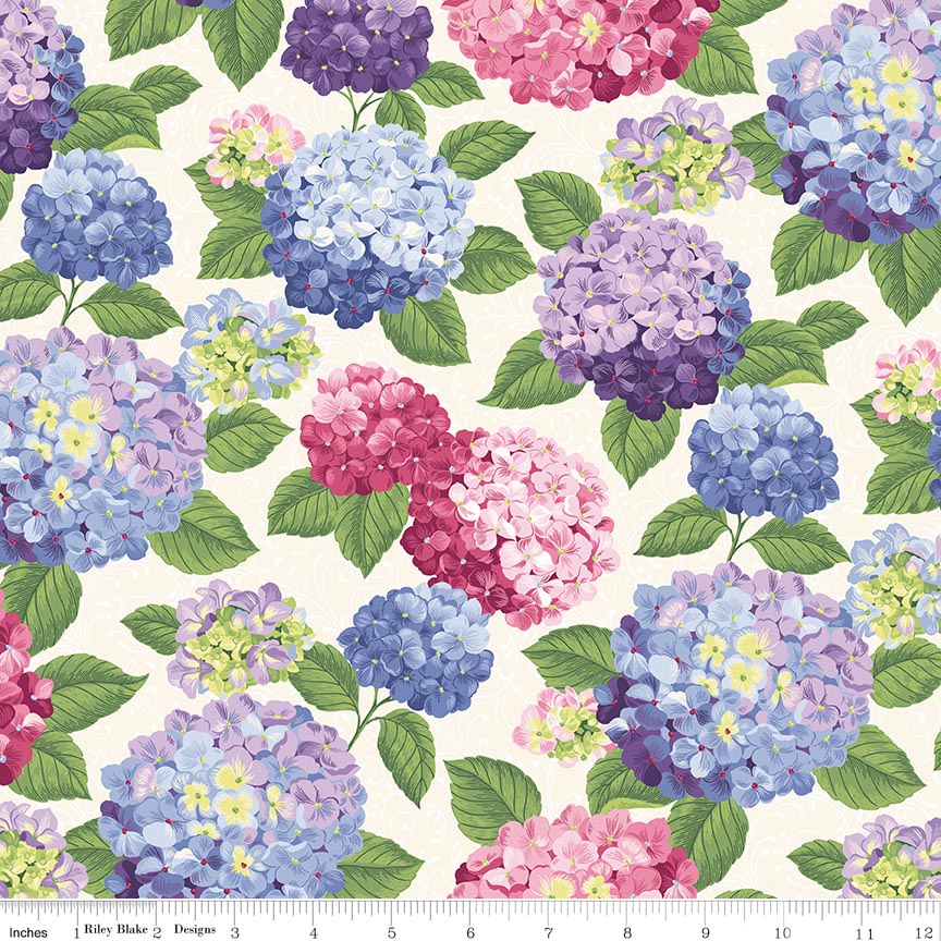 Hydrangeas in the Garden Main Multi Pearl 45' wide fabric per yard