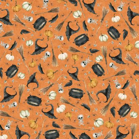 P&B Textiles Hocus Pocus Small Halloween Toss quilting fabric in Orange