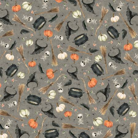 P&B Textiles Hocus Pocus Small Halloween Toss quilting fabric in Gray
