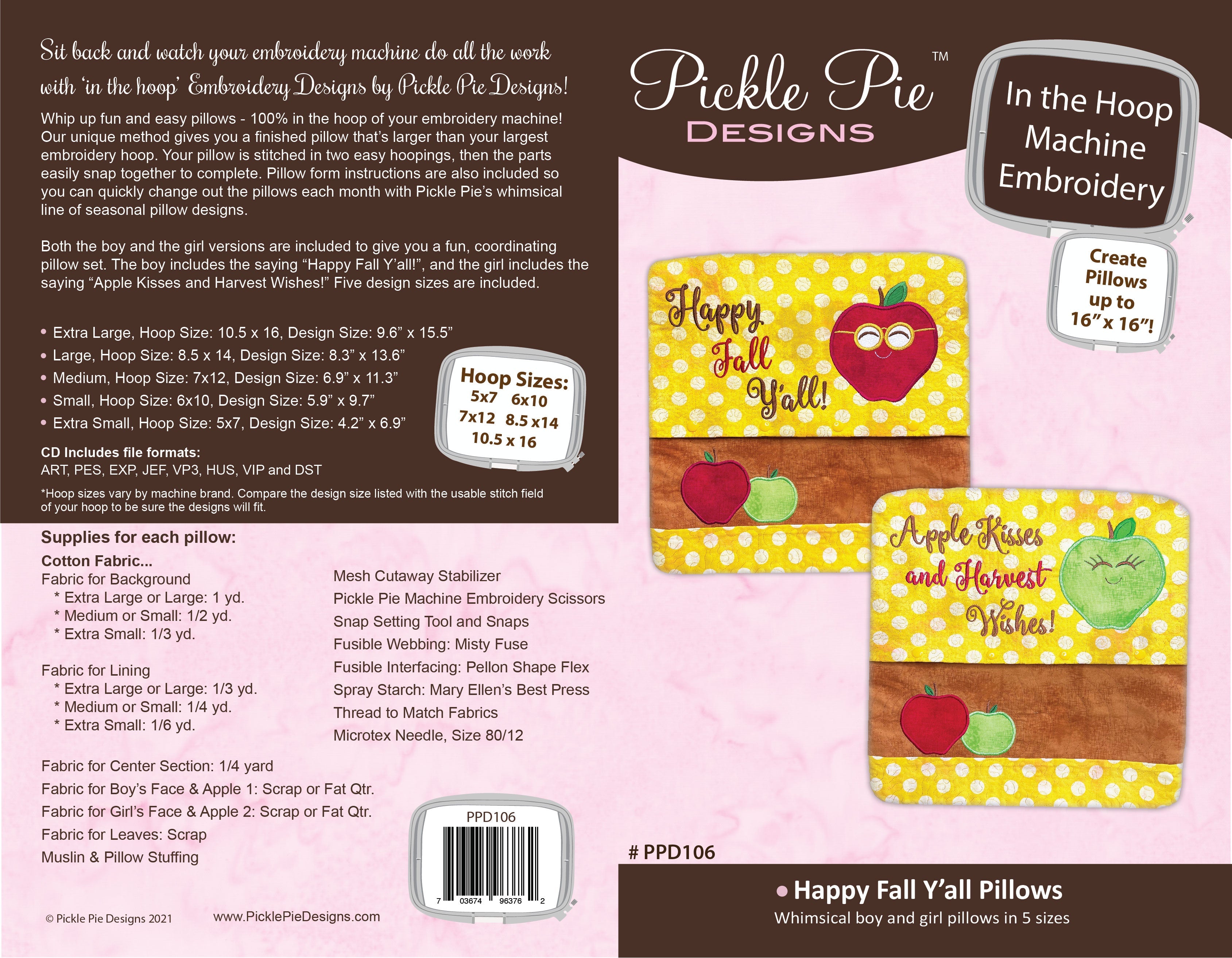 Happy Fall Y'all Pillows In the Hoop Embroidery Design Collection