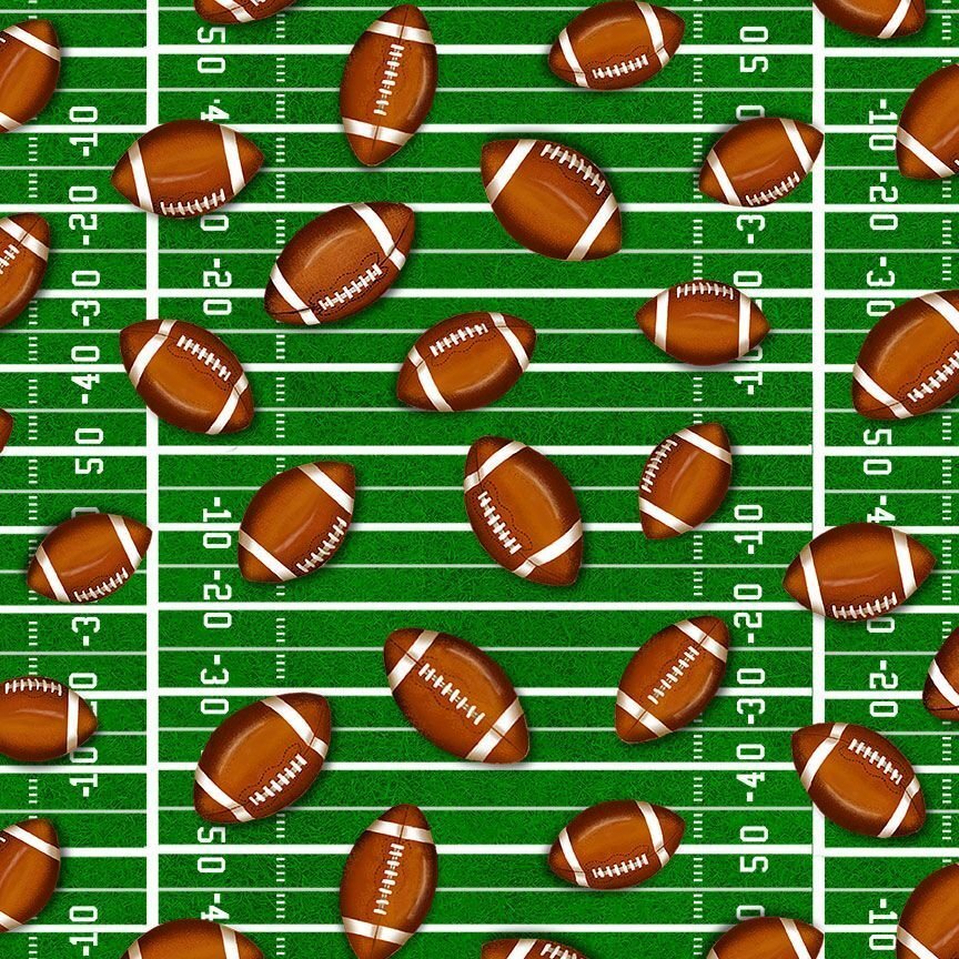 Hi-Fashion Fabrics footballs on field green quilting cotton