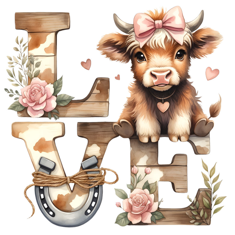 Highland Cows Love Fabric Panel 1