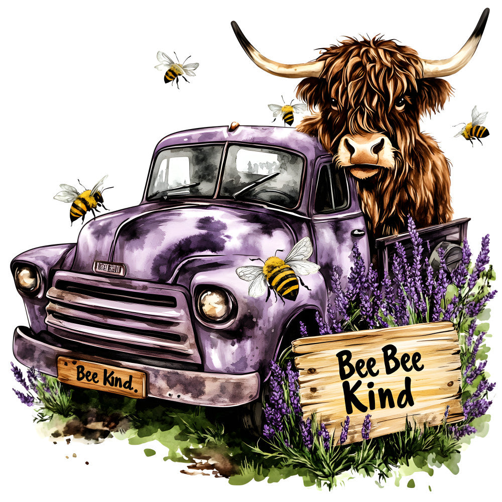 Highland Cows in Vintage Trucks Fabric Panel 2