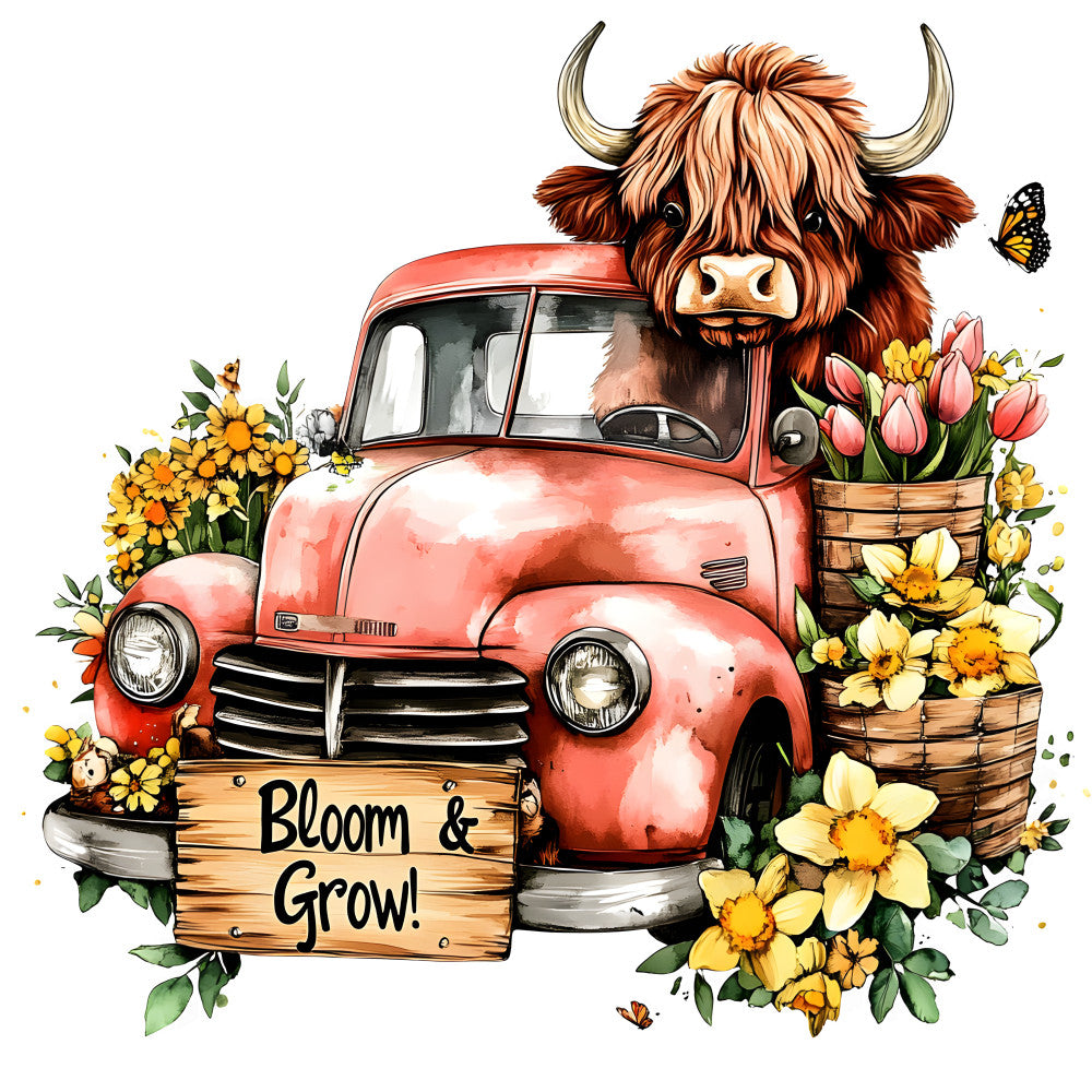 Highland Cows in Vintage Trucks Fabric Panel 5