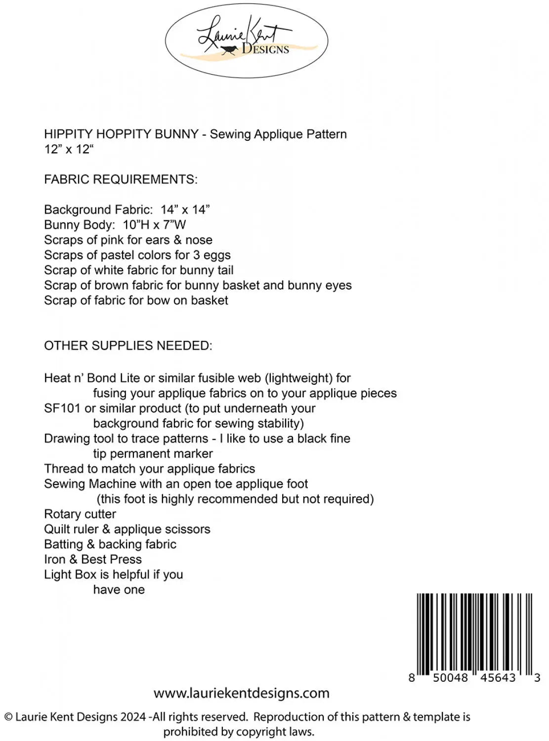 Hippity Hoppity Bunny Sewing Applique Embroidery Pattern Laurie Kent Designs