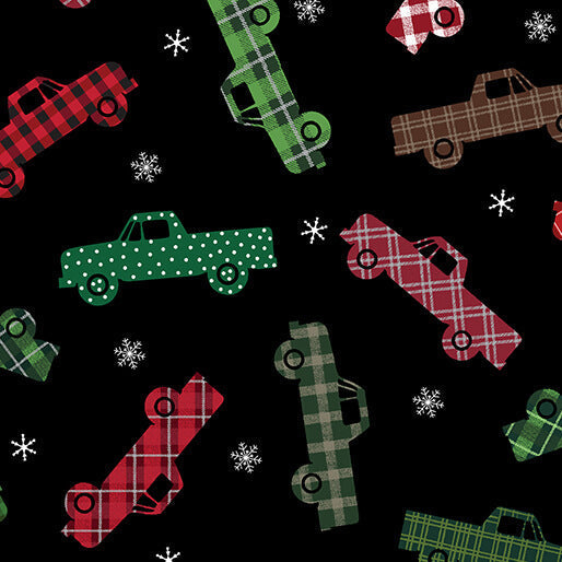 Holiday Farmhouse Plaid Plaid Trucks quilting fabric in black by Benartex, Christmas truck print on black cotton, sold by the yard