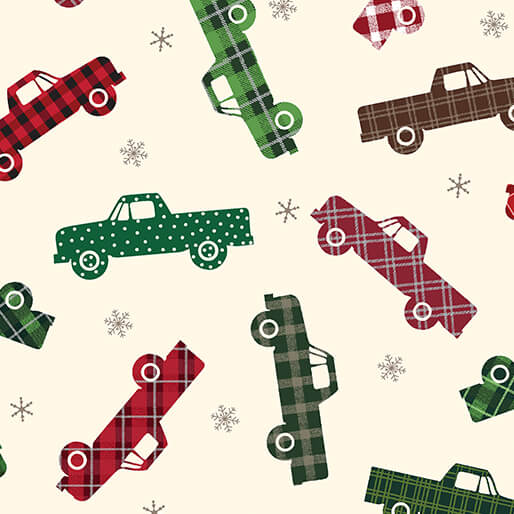 Holiday Farmhouse Plaid - Plaid Trucks - Cream 44" / 45" Fabric Per Yard