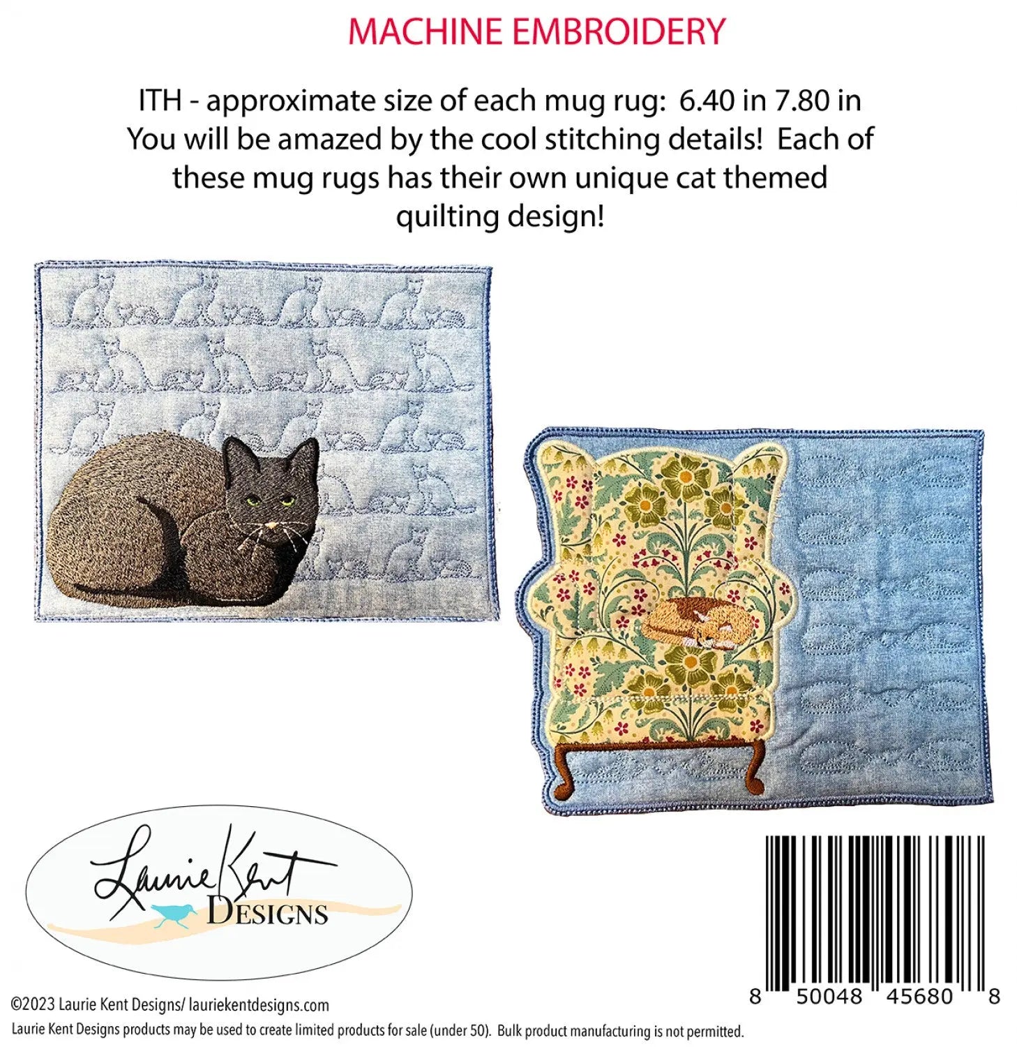 I Love My Kitty Mug Rugs ITH Embroidery Pattern Laurie Kent Designs