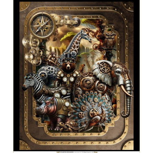 Steampunk Menagerie Animal Fantasy Cotton 44"/45" Fabric Panel Per Yard