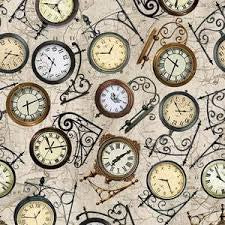 Hurry Up Clocks Tan novelty quilting fabric by Michael Miller
