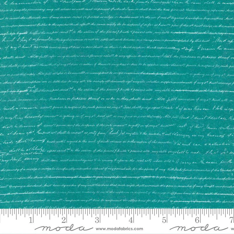 Bluebell Teal Blueprint Text novelty quilting fabric by Moda