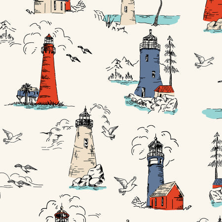 Smooth Seas Cream Lighthouses novelty quilting fabric by RJR Fabrics