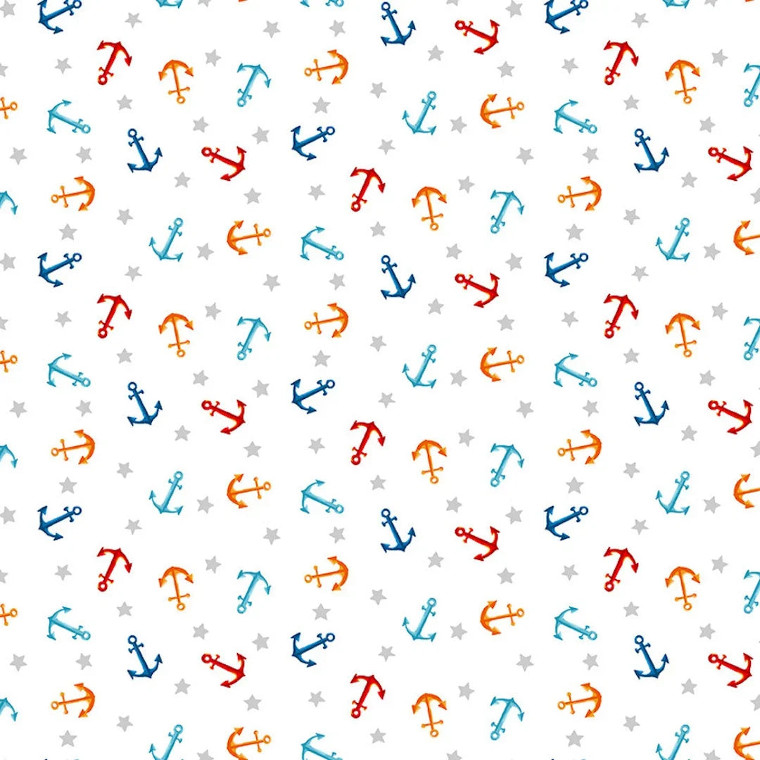 Beside the Sea White Anchors novelty quilting fabric by Makower UK