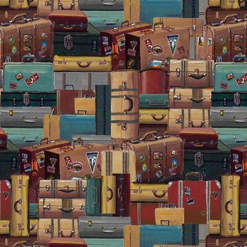 Locomotion Brown Stacked Luggage novelty quilting fabric by Blank Quilting