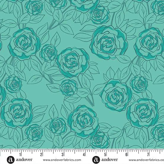 Color Me Pretty Rose Bloom Teal floral quilting fabric by Andover Fabrics