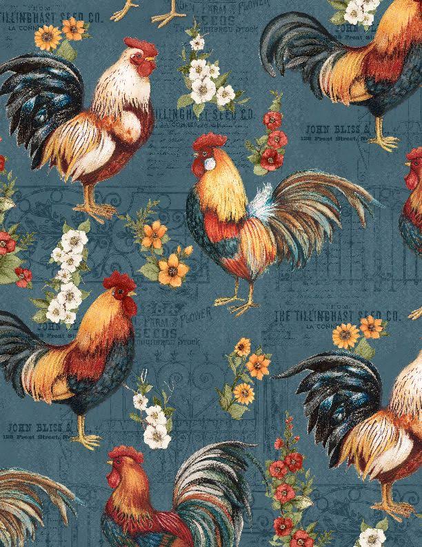 Garden Gate Teal Roosters novelty quilting fabric by Wilmington Prints