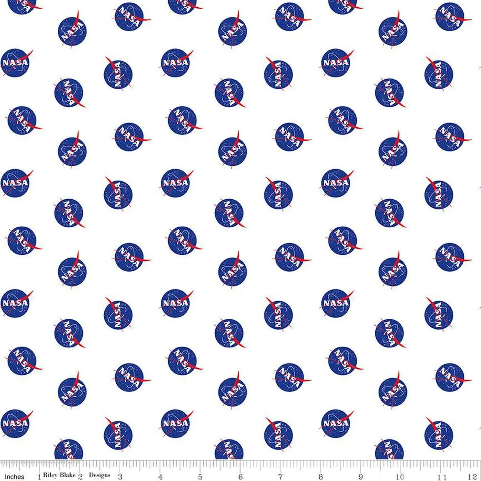 Outer Space NASA Logo Toss White novelty quilting fabric by Riley Blake