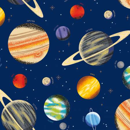 Outer Space Navy Planet Toss novelty quilting fabric by Riley Blake