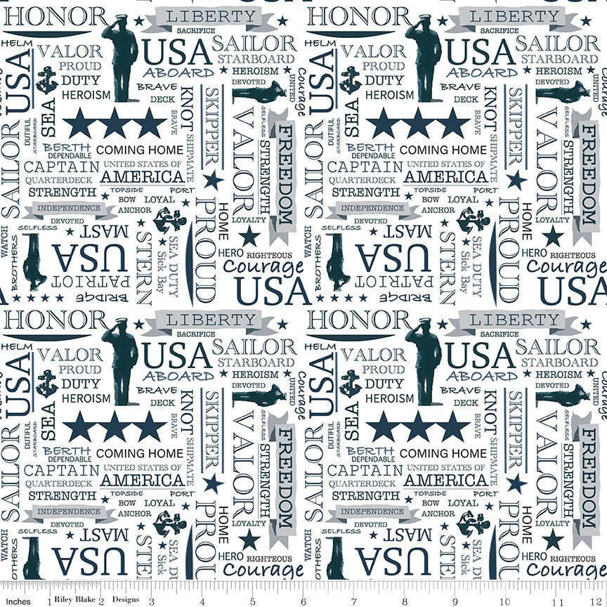 Coming Home Navy Text White patriotic quilting fabric by Riley Blake