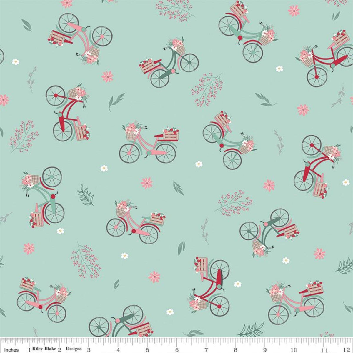 Berry Market Bicycles Mint quilting fabric by Riley Blake