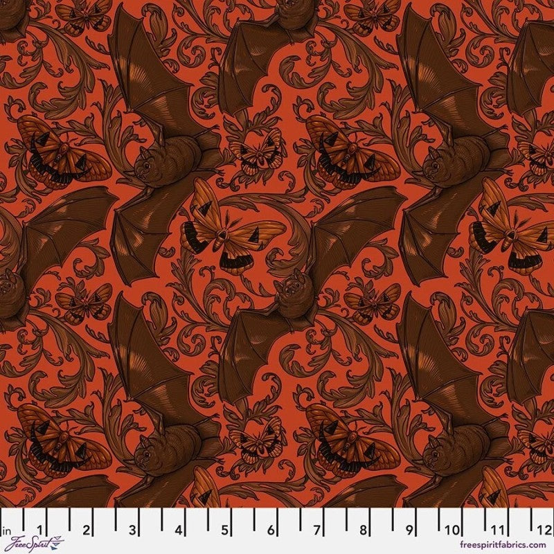 Mystic Moonlight Orange Bat and Moth Halloween quilting fabric by Rachel Hauer for Free Spirit
