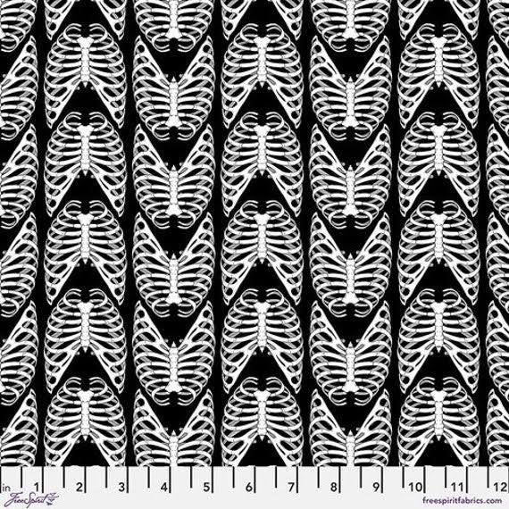 Scaredy Cat Rib Bones Black Halloween quilting fabric by Rachel Hauer for Free Spirit