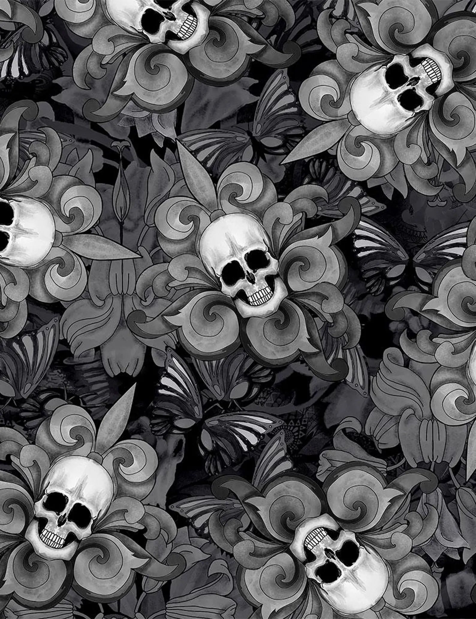 Fun Last Dance Skull Fleur De Lis Black Halloween quilting fabric by Timeless Treasures