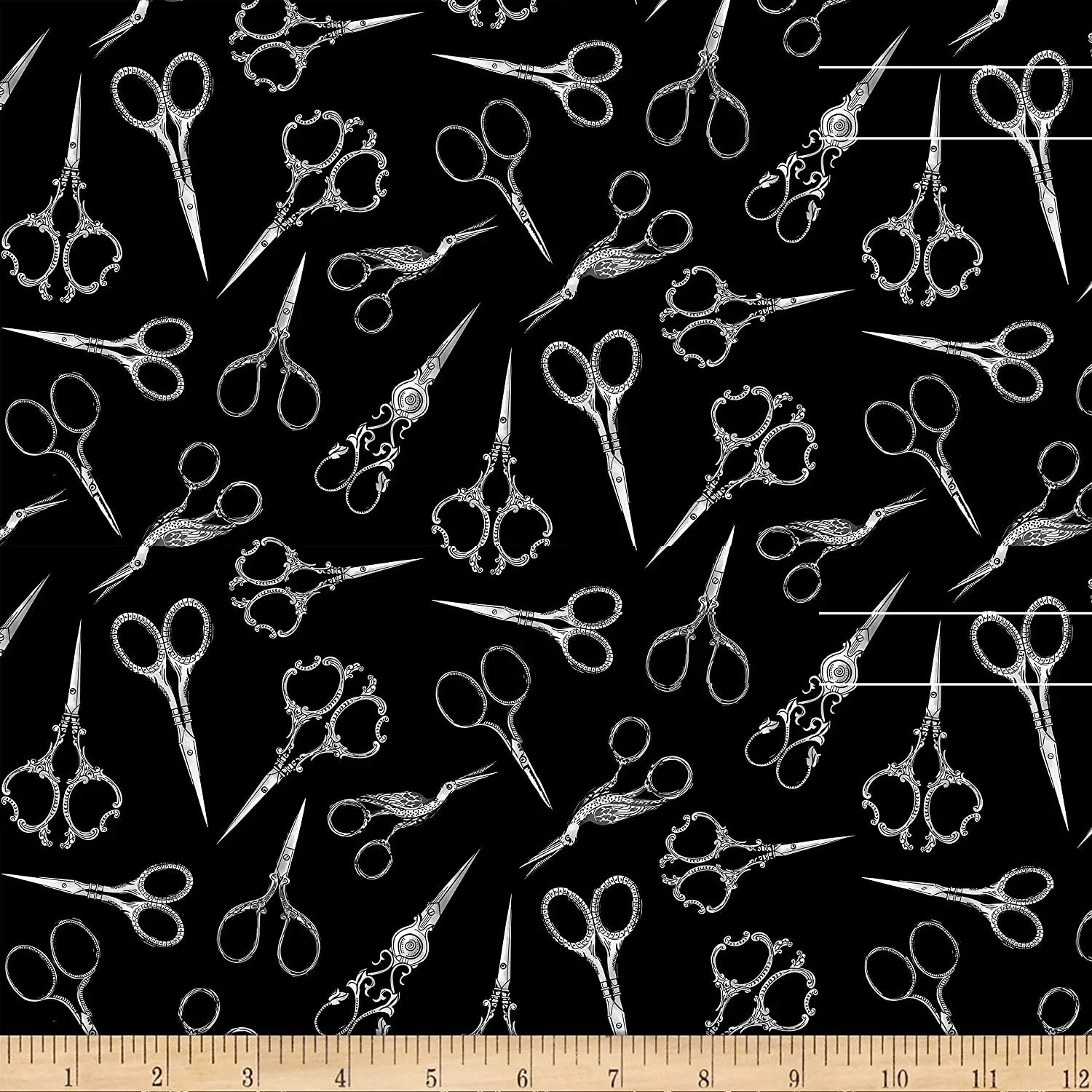 Sew Floral Tossed Fancy Scissors Black novelty quilting fabric by Gail Cadden for Timeless Treasures