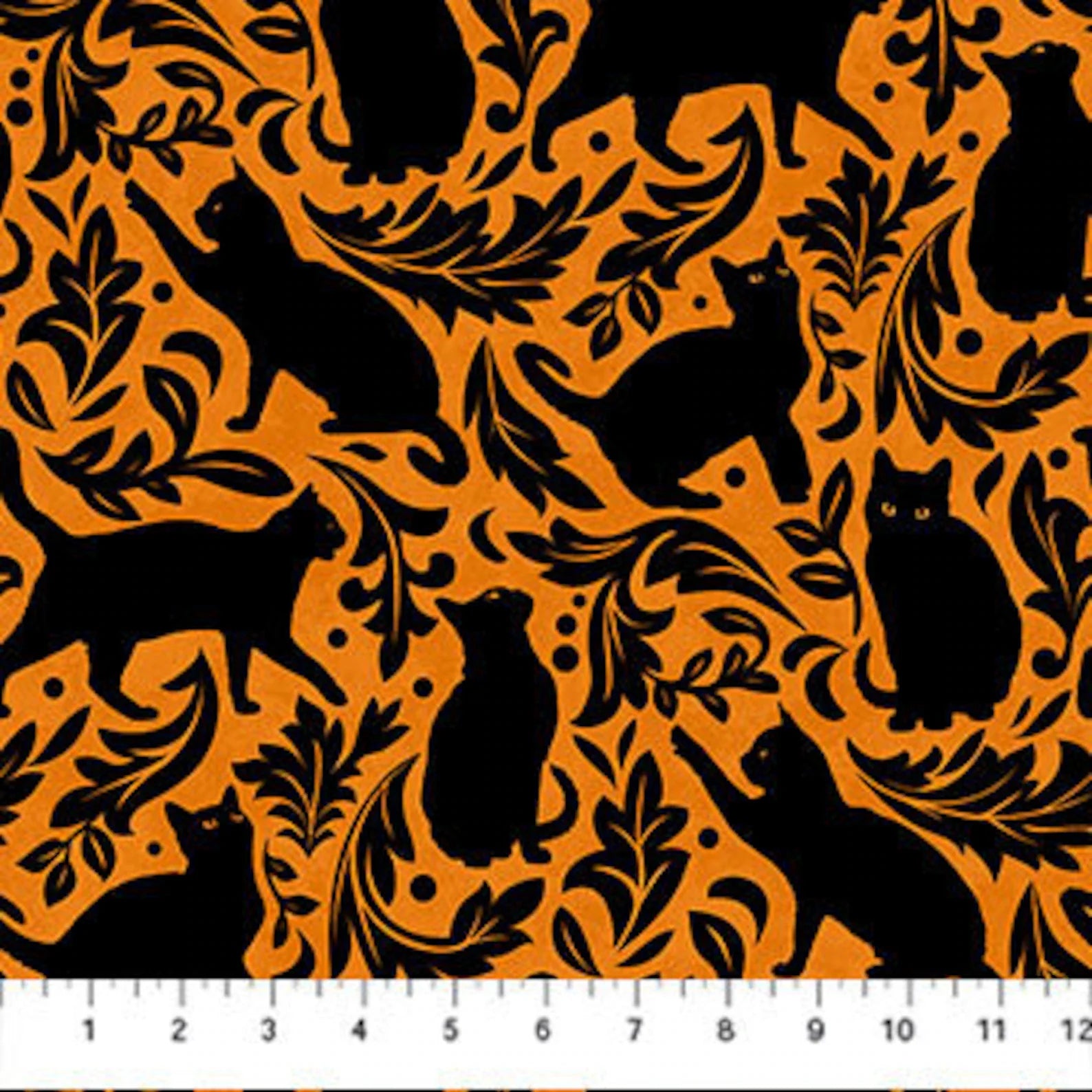 Hallows Eve Cat Damask Orange Black Halloween quilting fabric by Northcott