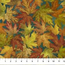 Stonehenge Autumn Splendor Packed Leaves Dark Teal Multi quilting fabric by Northcott