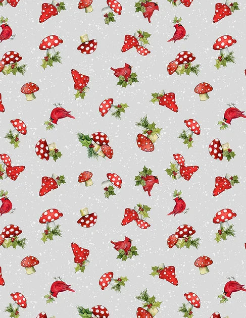 Baby Its Gnomes Out Gray Mushroom Toss novelty quilting fabric by Wilmington Prints