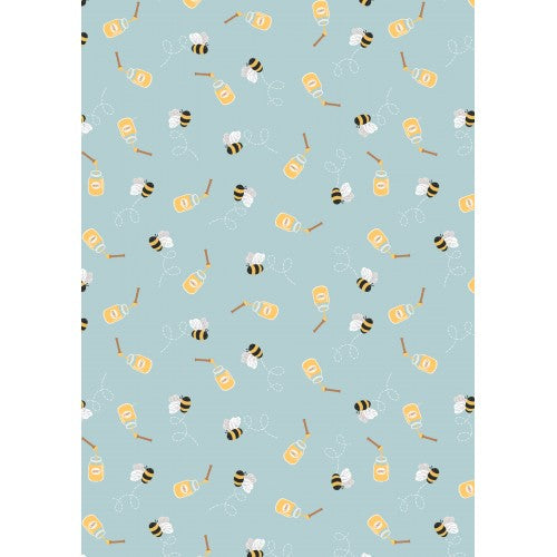 Teddy Bears Picnic Honey Bee soft blue novelty quilting fabric by Lewis and Irene