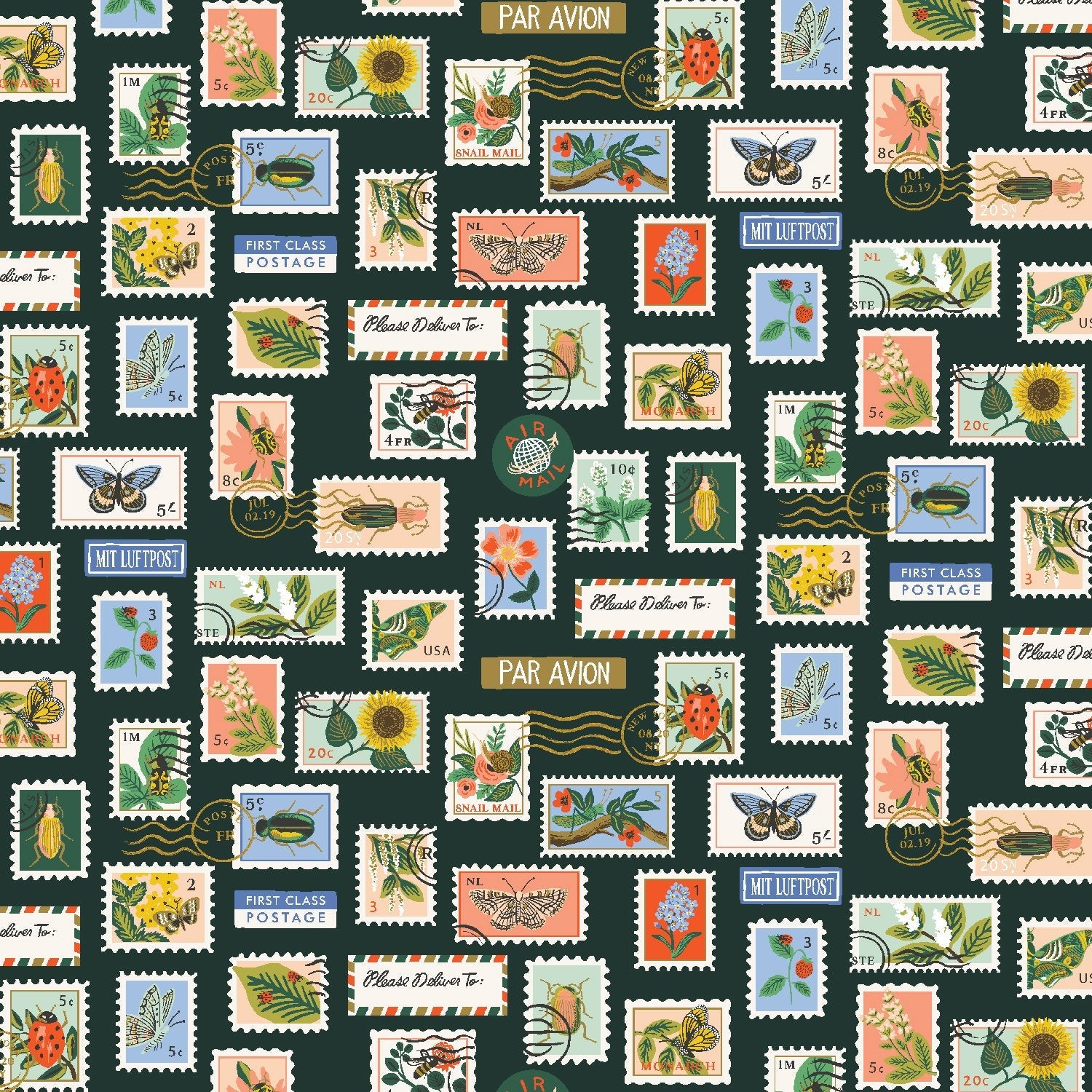 Curio Hunter Botanical Postage novelty quilting fabric by Rifle Paper Co for Cotton + Steel