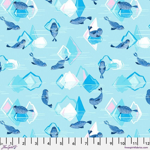 Polar Seas Blue Seals and Icebergs novelty quilting fabric by Katy Tanis for Free Spirit