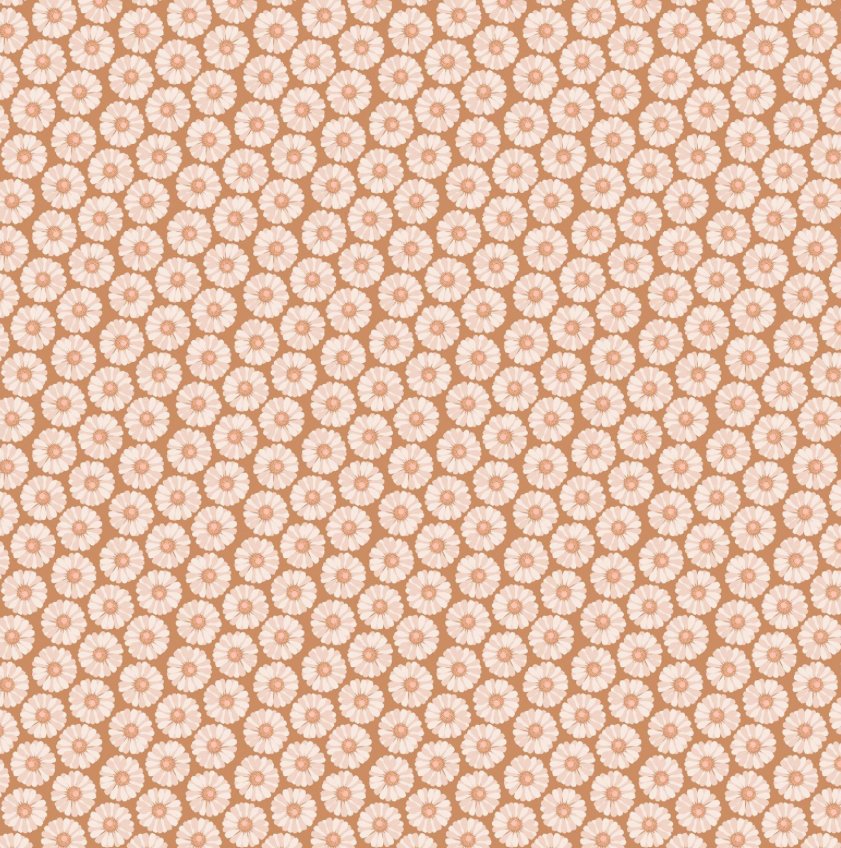 FIGO Fabrics The Botanist Zinnia Rust quilting fabric — zinnia blossoms in warm rust