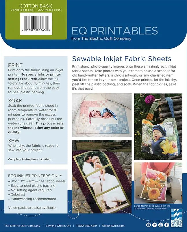 Inkjet Cotton Sheets by Electric Quilt - 6 count 8.5x11 Moda Fabrics & Supplies