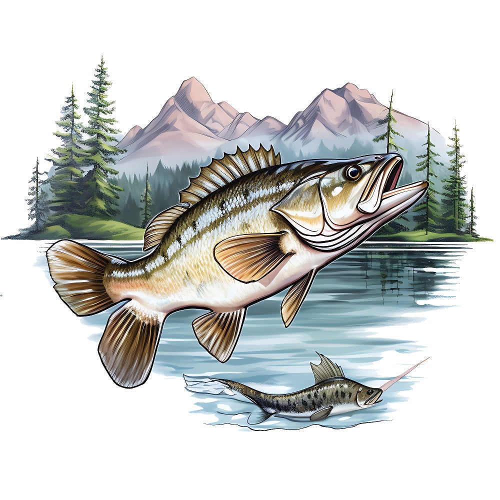 Jumping Bass Fish Scene Fabric Panel 2
