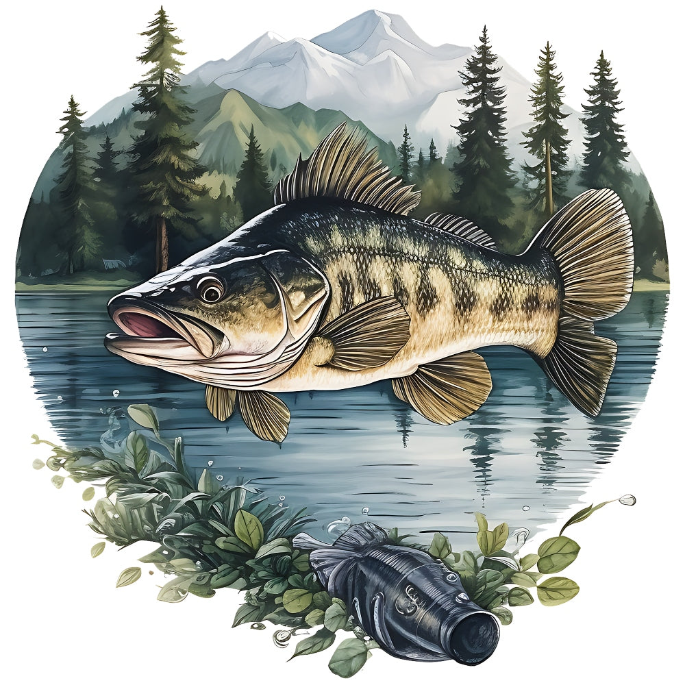 Jumping Bass Fish Scene Fabric Panel 5 QuiltingFabricPanels