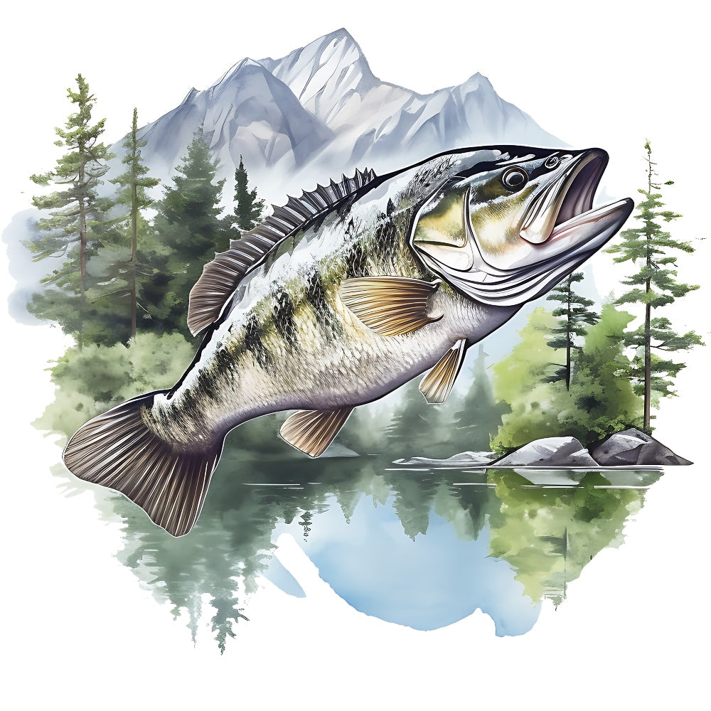 Jumping Bass Fish Scene Fabric Panel 1