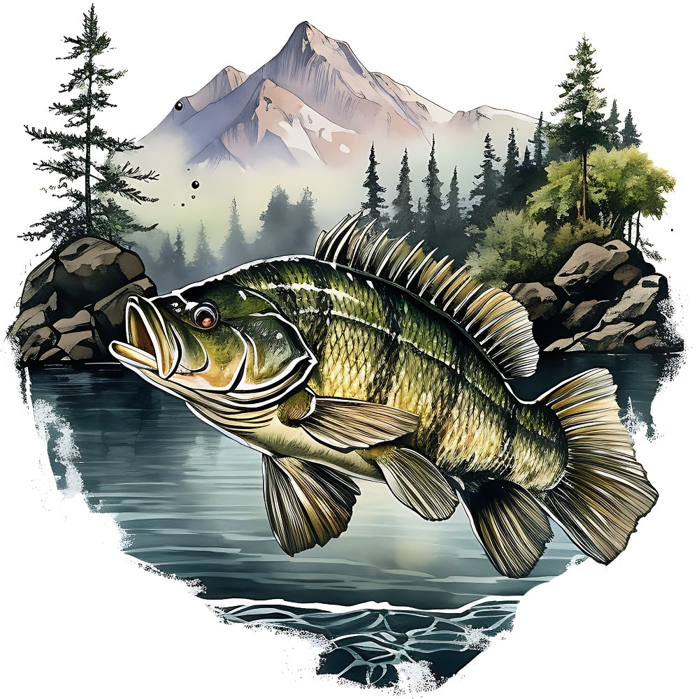 Jumping Bass Fish Scene Fabric Panel 3