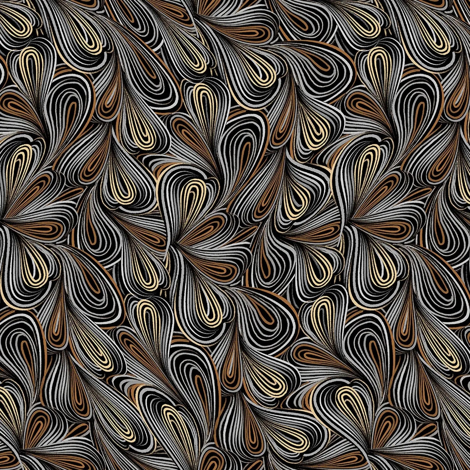 Multi color modern swirl wideback fabric. Colors consist of cream, grey, white and brown on a dark background.